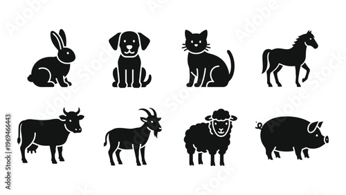 A collection of farm and domestic animal silhouettes including rabbits dogs cats and livestock in a flat design silhouette high quality