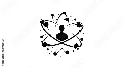 Silhouette of a person at the center of an atom model, representing connection and science.