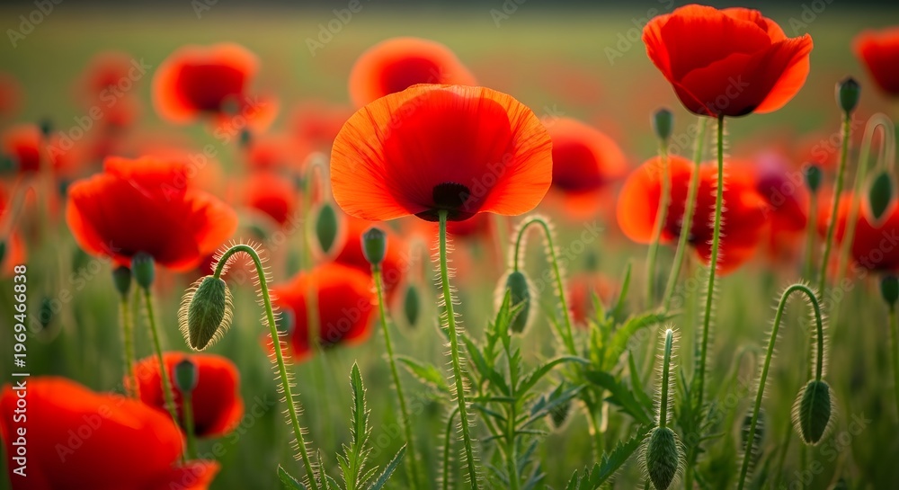 Fototapeta premium Vibrant red poppies blooming in a lush green field on a sunny day with beautiful flowers