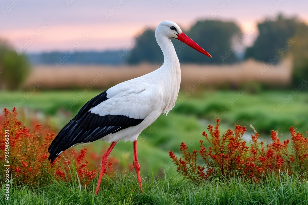 Fototapeta premium White stork standing in meadow at sunset