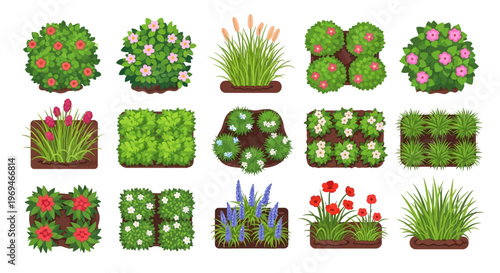 Variety of colorful flowers and plants in pots and soil garden decoration