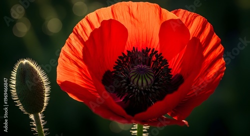 Vibrant red poppy flower with dark center and blurred green background