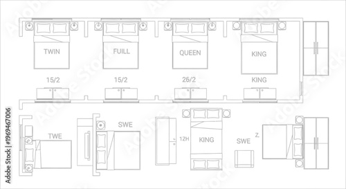 Hotel room layout floor plan with different bed sizes
