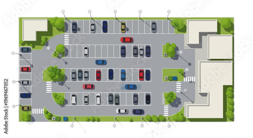 Overhead view of a busy parking lot with many cars parked in rows and columns