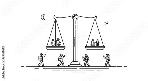 Balance scale with people on both sides walking around
