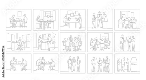 Business people working together in office settings line art illustrations