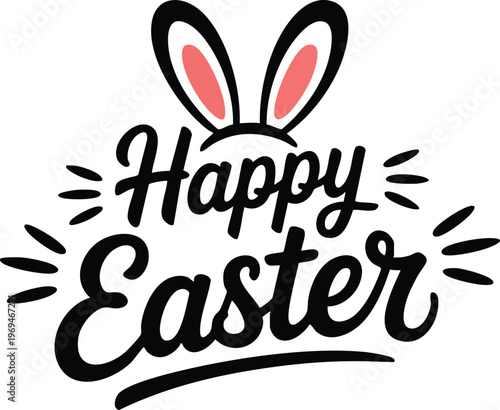Happy Easter Hand Lettering Typography with Bunny Ears Vector Illustration for Poster, Banner, Tshirt Design