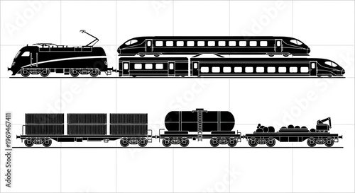 Train with locomotive and various freight cars vector illustration