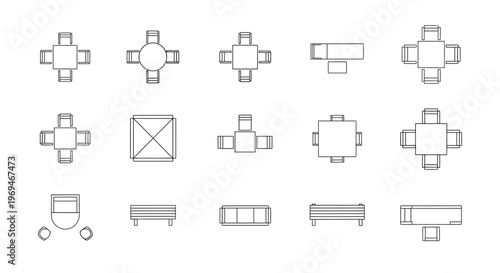 Various table and desk top views line drawings furniture