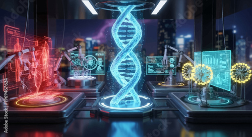 Neon lit laboratory with futuristic DNA double helix model and robotic arms