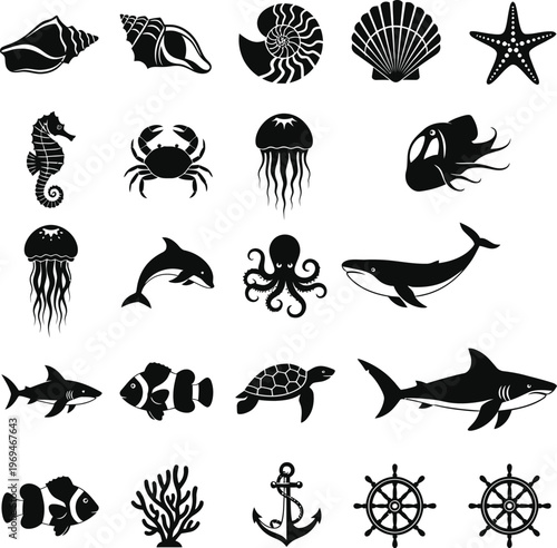 Black and white ocean animal and nautical marine animals silhouettes