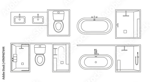 Bathroom plumbing fixtures technical drawings toilet sink shower bathtub