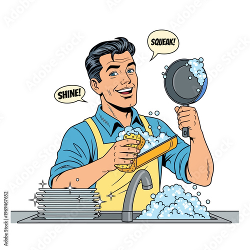 Happy Man Washing Dishes with Sponge and Pan, Bubbles and Shine