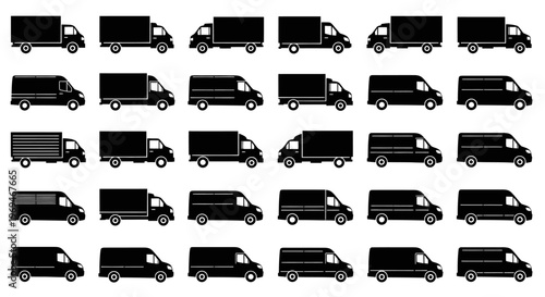 Black truck and van silhouettes on white background fleet vehicles icons