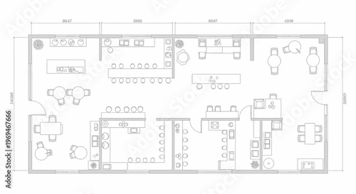 Floor plan of a large restaurant or cafe with tables and chairs