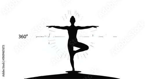 Silhouette of a person balancing in a yoga pose on a circular platform with radiating lines symbolizing movement and stability.
