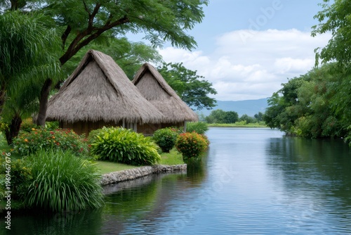 Tropical resort huts along winding water canal