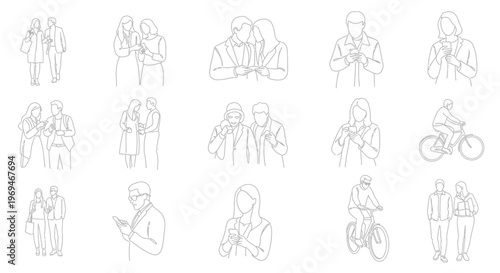 People using smartphones in various social situations line drawings