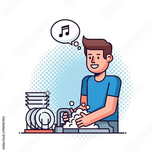 Man happily washing dishes, singing a song, housework concept, vector illustration