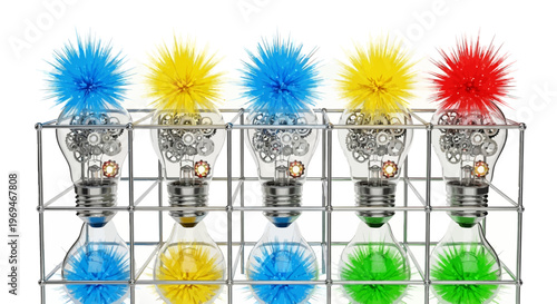 Colorful light bulbs with gears and fuzzy tops in metal cage