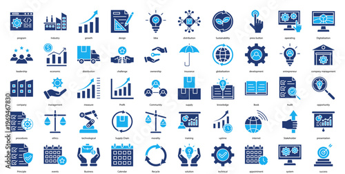 Company management Icon Set Collection Pack Banner Web Vector Illustration  Concept. Containing program, Industry, growth, design, Idea, distribution icon