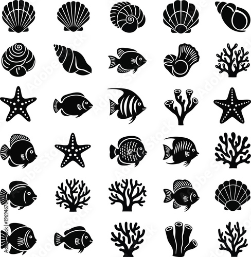 Black and white ocean of fish starfish coral and seashells