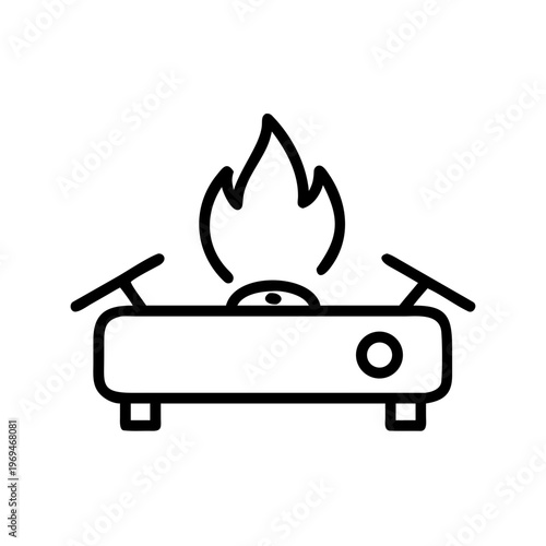 Portable gas burner with flame, camping stove or cooking equipment vector icon