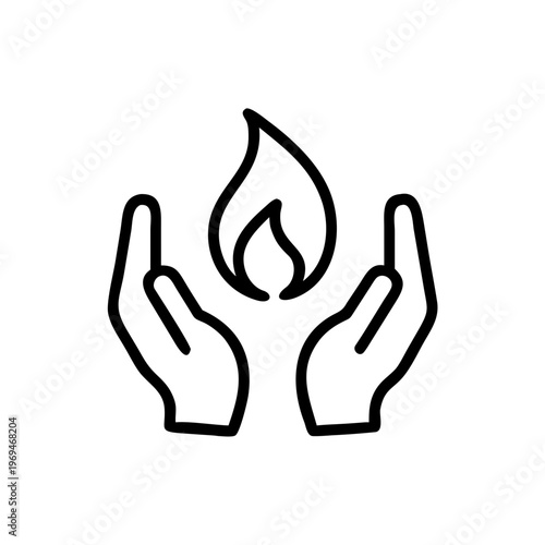 Two hands holding flame icon symbolizing protection energy and care for light or heat source