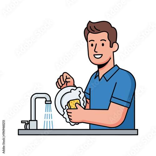Man washing dishes at kitchen sink, domestic chores, illustration