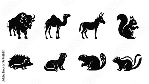 A collection of various animal forms including a bison camel donkey and squirrel presented as a striking silhouette high quality professional