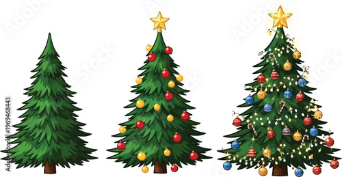 Three Christmas Trees with Different Decorations decorated trees green trees tree with ornaments tree with lights