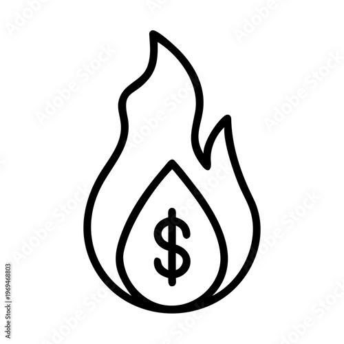 Dollar sign inside fire flame and gas drop icon representing rising energy costs inflation