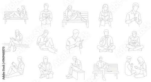 People sitting and reading or using their phones on benches or on the ground in various poses and outfits