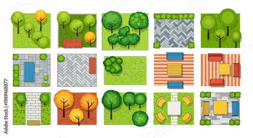 Various park and garden designs with trees and furniture