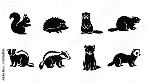 A collection of eight woodland creatures depicted in a flat black graphic style showcasing distinct animal forms silhouette high quality professional