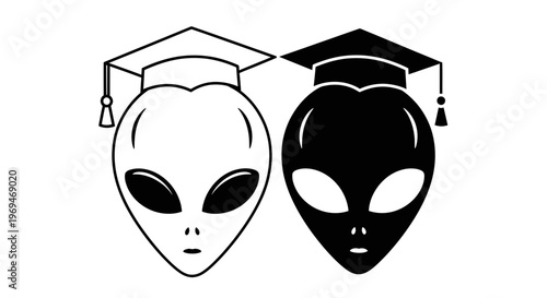 Two alien heads wearing graduation caps a symbolic representation of extraterrestrial education and achievement