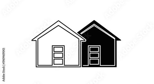 Minimalist black and white illustration of two houses side by side representing duality or contrast