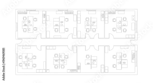 Office floor plan with multiple rooms and desks layout