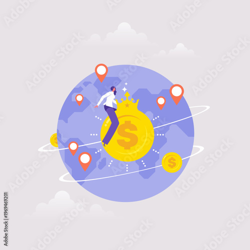 Global business expansion concept, open company branches, franchise in new location to cover all continent, growing business worldwide, businesswoman managing global business