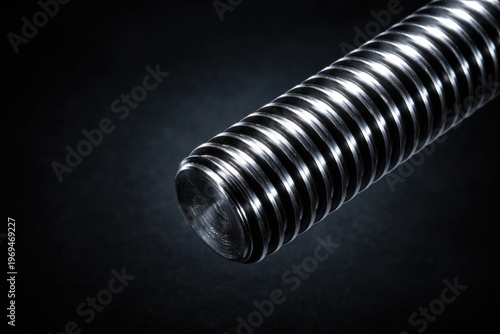 Close-up of cylindrical metallic threaded rod with deep grooves on dark background with copy space
