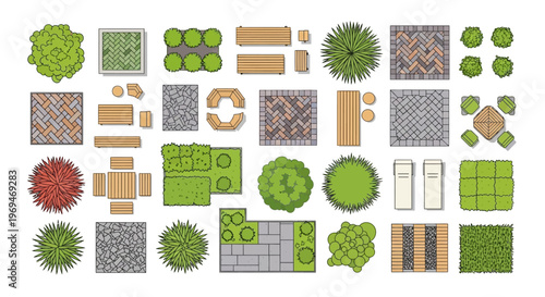 Landscaping design elements and garden features flat icons