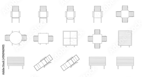 Outdoor furniture set technical drawings various views