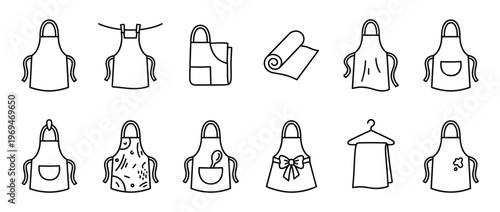 Collection of various kitchen aprons and towels depicted as simple black outline icons on a white surface