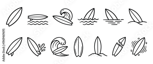 Collection of simple black outline surfboard icons depicting various surfing actions and scenarios in a clean, graphic style