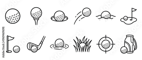 Collection of various golf ball and equipment line icons illustrating different aspects of the sport