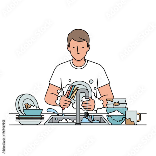 Man washing dishes in kitchen sink with soap suds and dirty plates, illustration