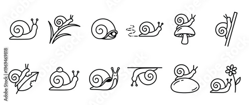 Collection of simple black outline snail icons in various poses and interactions, presented in a clean, graphic style