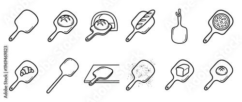 Collection of hand-drawn black and white line art icons depicting various pizza peels and bakery items