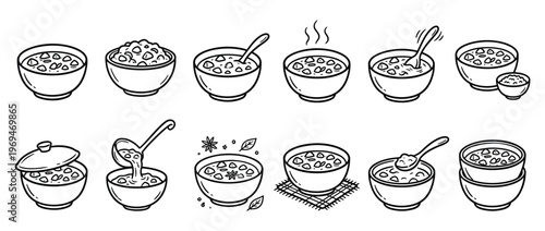 Collection of hand-drawn black and white line art illustrations depicting various bowls of soup and stew