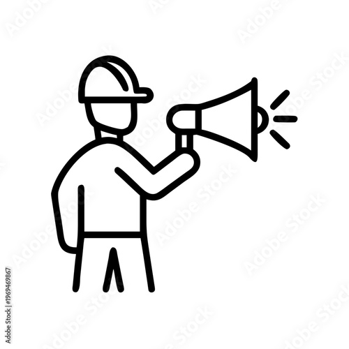 Line art of person in hard hat with megaphone
